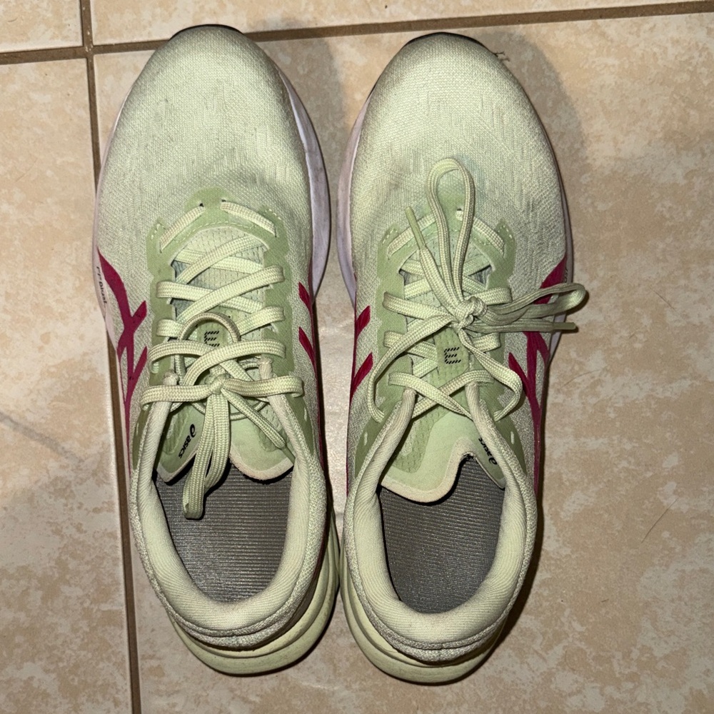 Asics Light Green Running Shoes with Pink Logo Accents